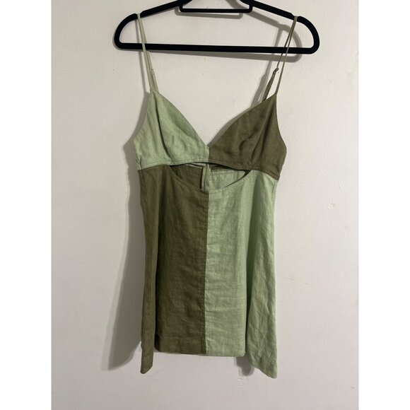 MATTHEW BURCH Kimmie Colorblock Cutout Linen Mini Dress Spaghetti Straps - Picture 2 of 14